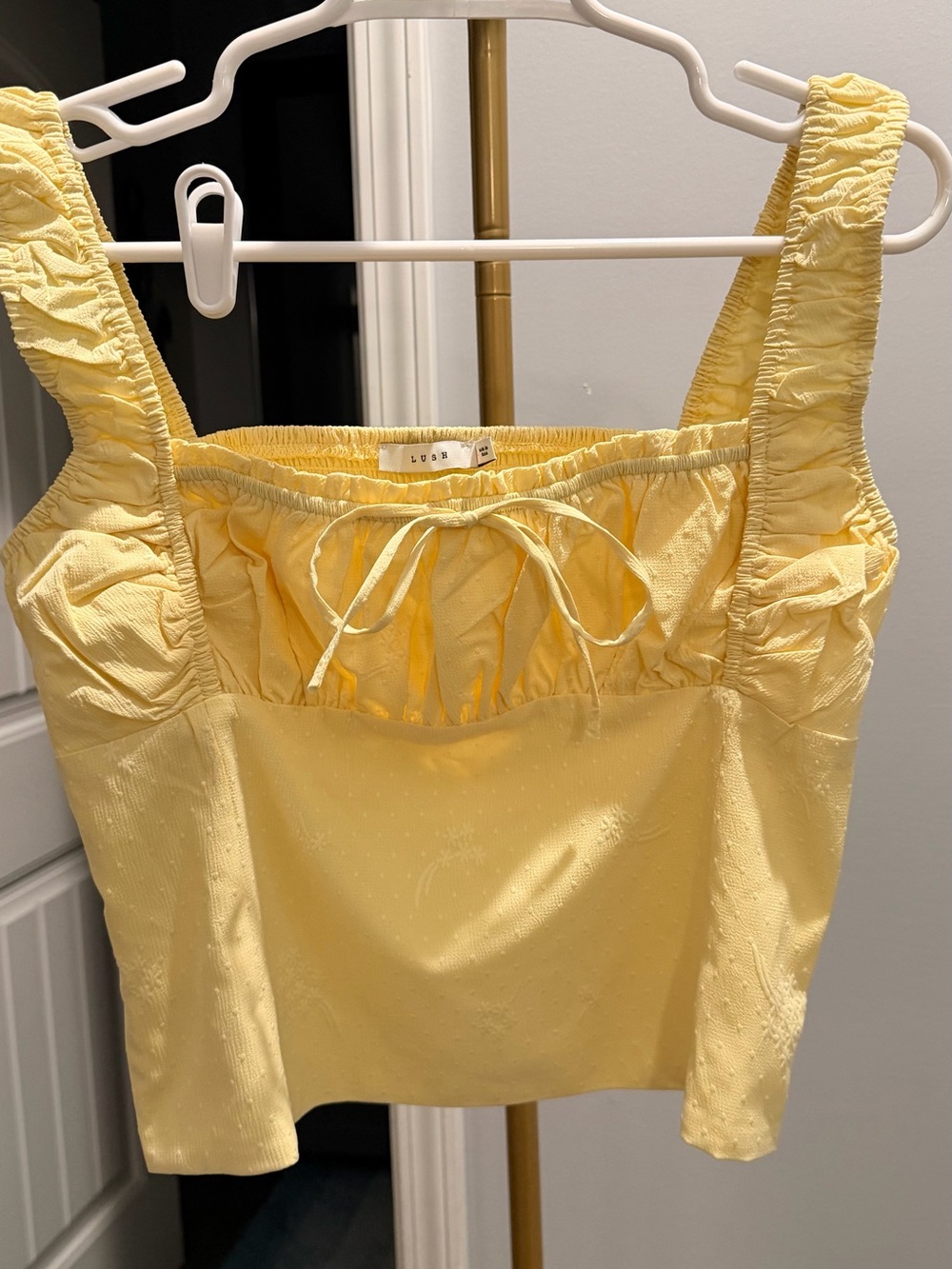 Lush Light Yellow Tie-Front Ruched Strap Crop Camisole